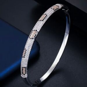 Silver Diamond Leopard Spots Bangle Bracelet